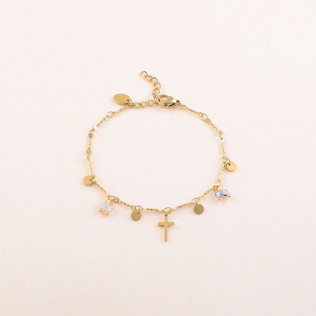 Bracelet - pastilles rondes martelées, pierres naturelles et pendentif croix religieuse