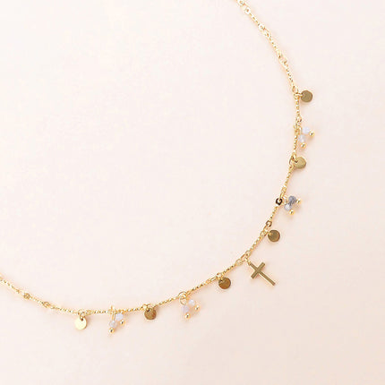 Collier - pastilles rondes martelées, pierres naturelles et pendentif croix religieuse