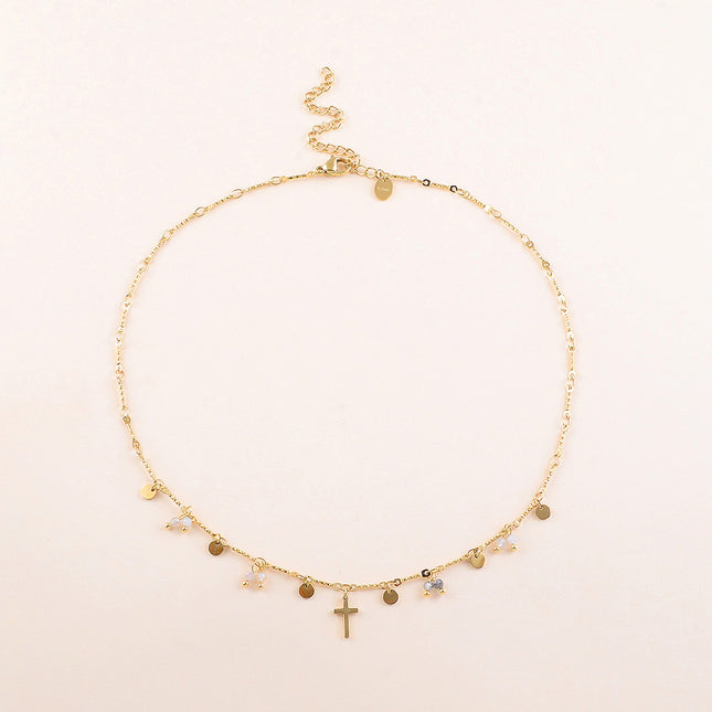 Collier - pastilles rondes martelées, pierres naturelles et pendentif croix religieuse
