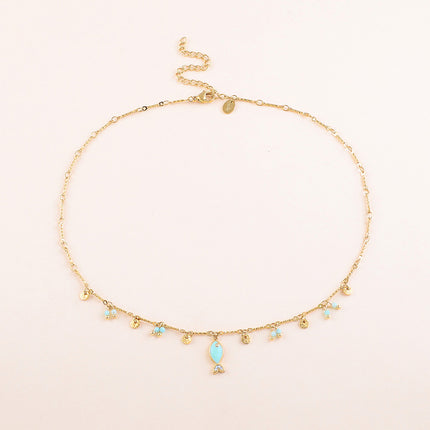 Collier - pendentif petit poisson en émail et petites pierres naturelles