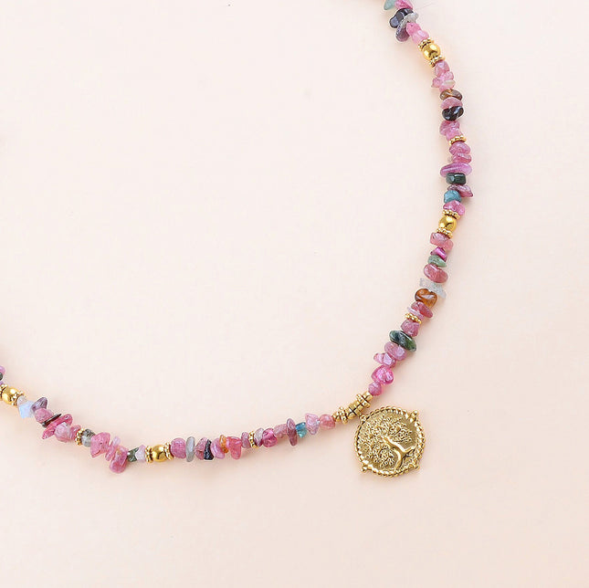 Collier - pierres naturelles et pendentif rond avec arbre de vie