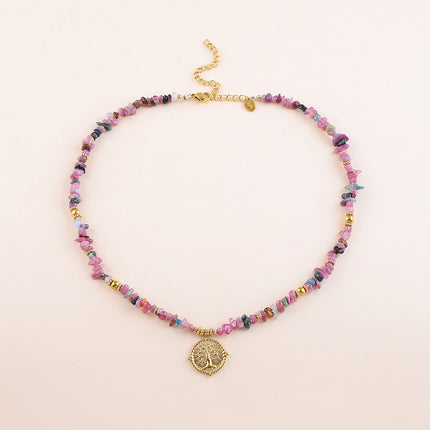 Collier - pierres naturelles et pendentif rond avec arbre de vie