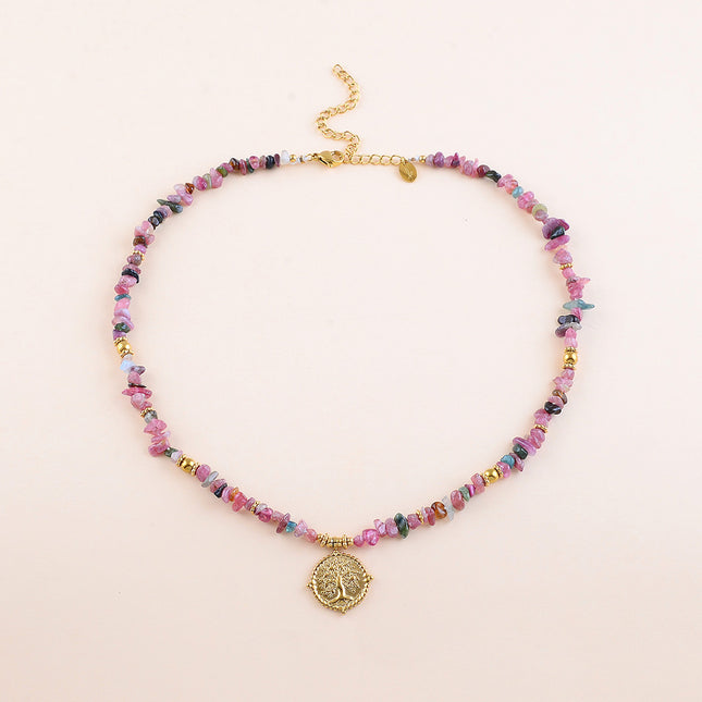 Collier - pierres naturelles et pendentif rond avec arbre de vie
