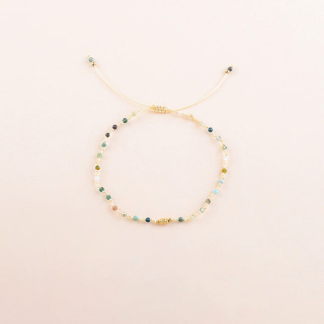Bracelet sur cordon - fermoir coulissant, perle diamantée en acier inoxydable et pierres naturelles