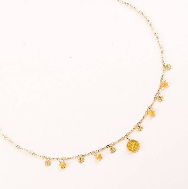 Collier - pastilles rondes martelées, pierres naturelles et pendentif rondelle d'orange