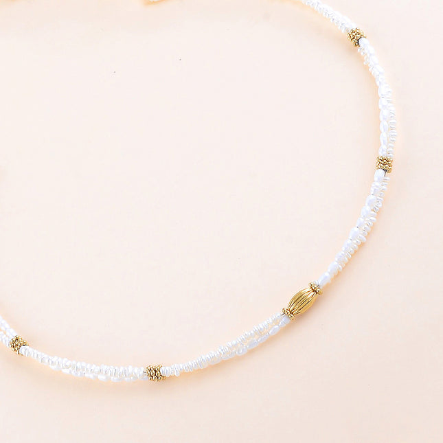 Collier - 2 rangs, perles en acier inoxydable, perles d'eau douce et perle ovale striée