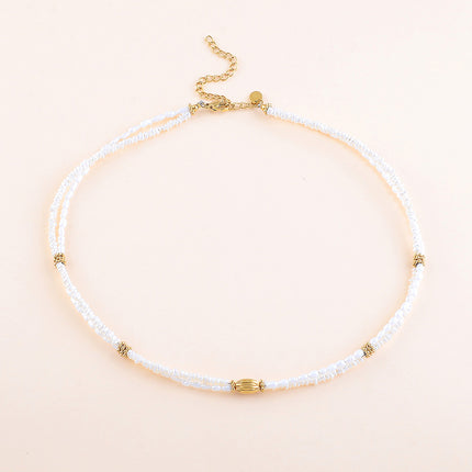 Collier - 2 rangs, perles en acier inoxydable, perles d'eau douce et perle ovale striée
