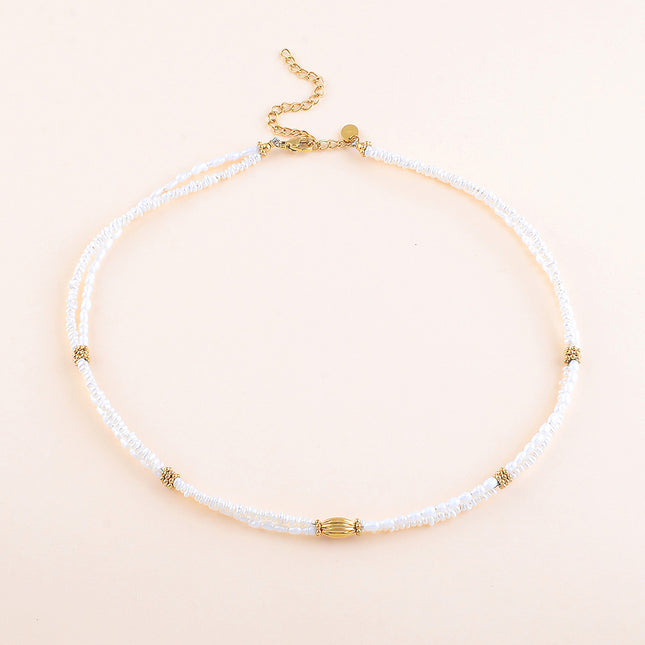 Collier - 2 rangs, perles en acier inoxydable, perles d'eau douce et perle ovale striée