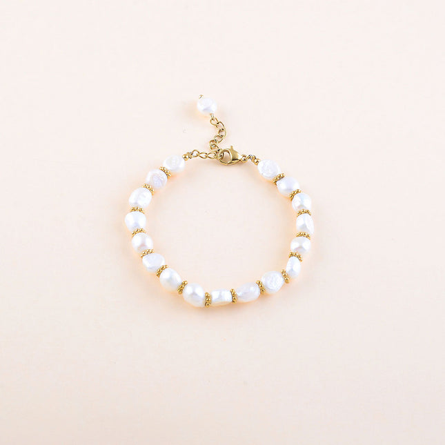 Bracelet - perles rondelles milgrain en acier inoxydable et perles d'eau douce