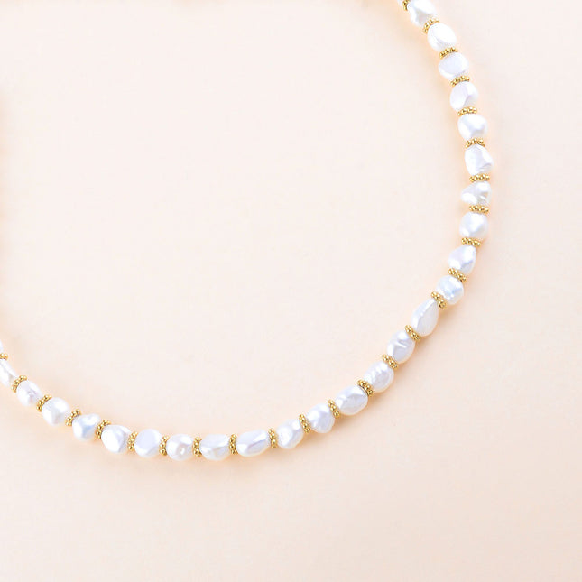Collier - perles rondelles milgrain en acier inoxydable et perles d'eau douce