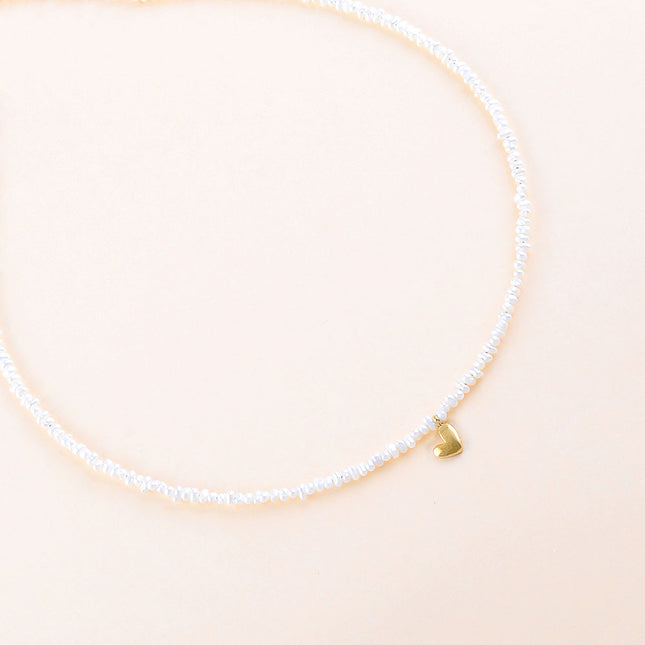 Collier - pendentif coeur, perles en acier inoxydable et perles d'eau douce