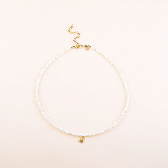 Collier - pendentif coeur, perles en acier inoxydable et perles d'eau douce