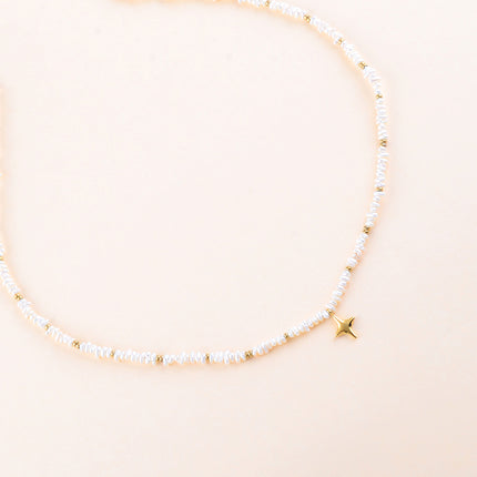 Collier - pendentif étoile du Nord, perles rondelles milgrain en acier inoxydable et perles d'eau douce