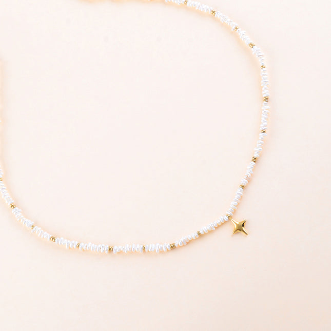 Collier - pendentif étoile du Nord, perles rondelles milgrain en acier inoxydable et perles d'eau douce