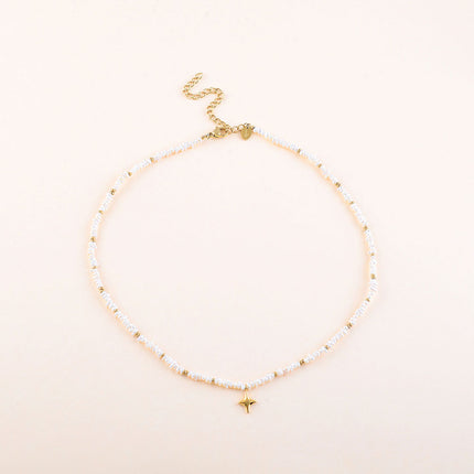Collier - pendentif étoile du Nord, perles rondelles milgrain en acier inoxydable et perles d'eau douce