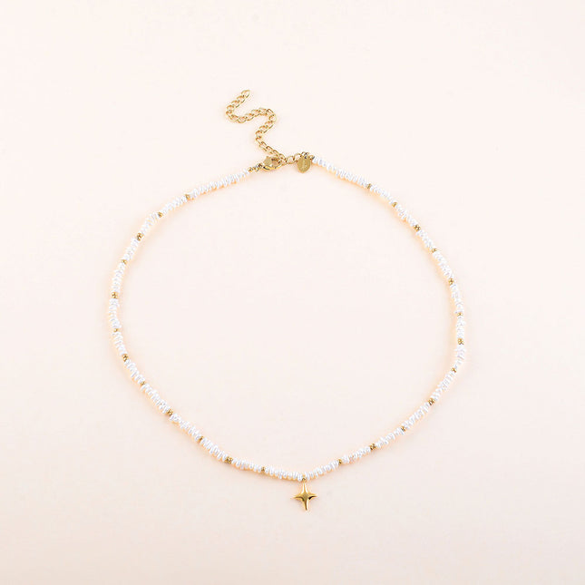Collier - pendentif étoile du Nord, perles rondelles milgrain en acier inoxydable et perles d'eau douce