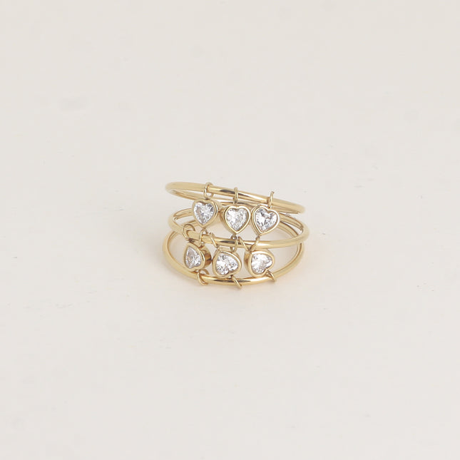 Bague - 3 anneaux et oxydes de zirconium en forme de coeur