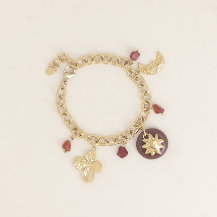 Bracelet - breloques (pierres naturelles, fleur trèfle, résine, croissant de lune martelé, soleil)