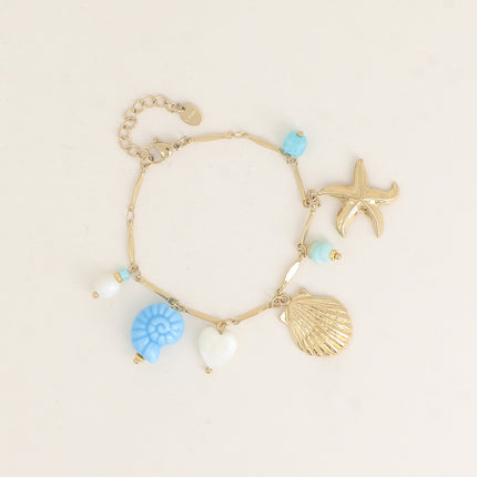 Bracelet - breloques (coquillages, coeur nacré, céramique émaillée, pierres naturelles)