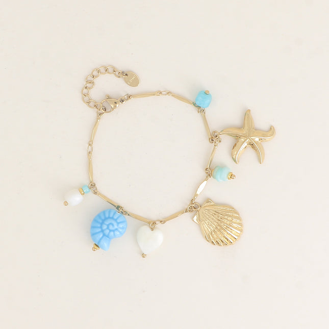 Bracelet - breloques (coquillages, coeur nacré, céramique émaillée, pierres naturelles)