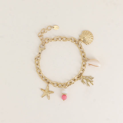 Bracelet - breloques (perle d'eau douce, étoile de mer, nacre, corail, homard)