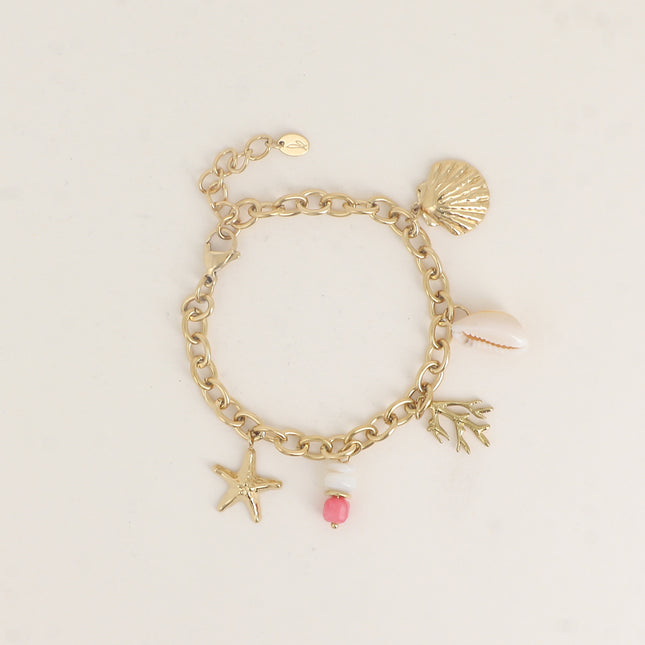 Bracelet - breloques (perle d'eau douce, étoile de mer, nacre, corail, homard)