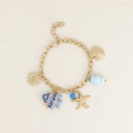 Bracelet - breloques (coquillages, étoile de mer, soleil, poisson, céramique et émail)