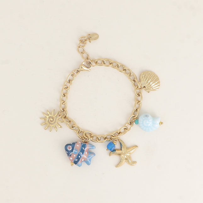 Bracelet - breloques (coquillages, étoile de mer, soleil, poisson, céramique et émail)
