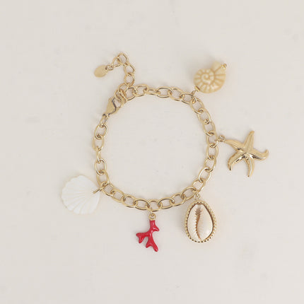 Bracelet - breloques marins (coquillage nacré, corail en émail, cauri naturel, étoile de mer, céramique)