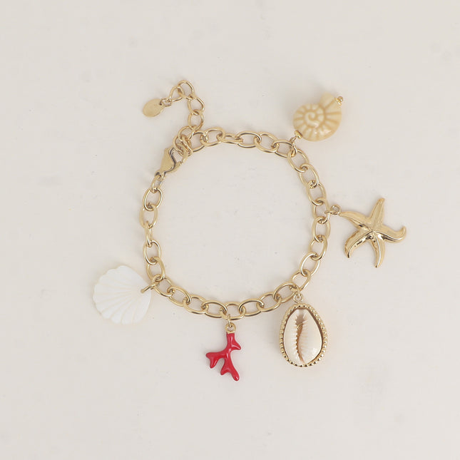 Bracelet - breloques marins (coquillage nacré, corail en émail, cauri naturel, étoile de mer, céramique)