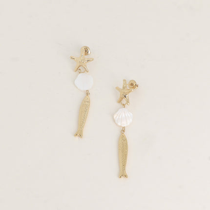 Boucles pendantes - étoile de mer, coquillage nacré et poisson
