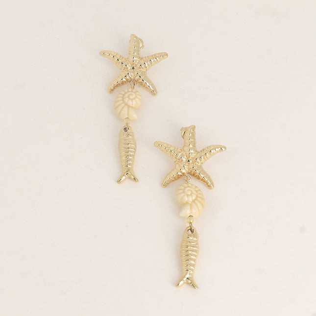 Boucles pendantes - étoile de mer, coquillage en céramique émaillé et poisson