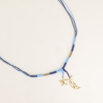 Collier - sur cordon, lune et étoile en acier inoxydable