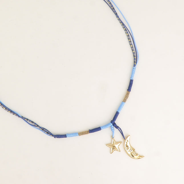 Collier - sur cordon, lune et étoile en acier inoxydable