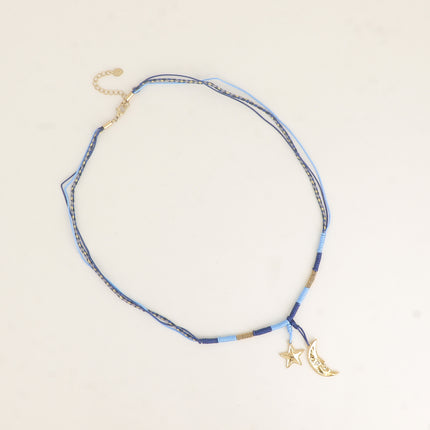 Collier - sur cordon, lune et étoile en acier inoxydable