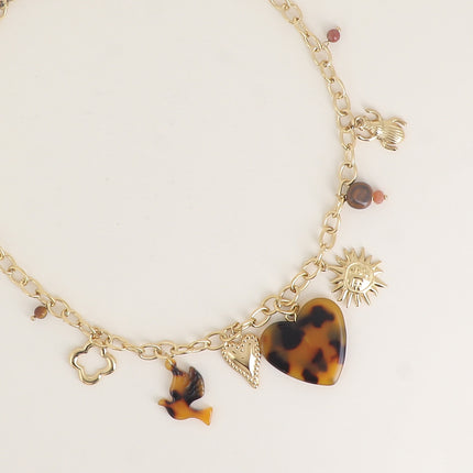 Collier - breloques (oiseau et coeur léopard, coeur milgrain, soleil, perles)