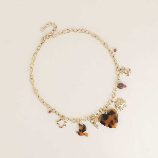 Collier - breloques (oiseau et coeur léopard, coeur milgrain, soleil, perles)