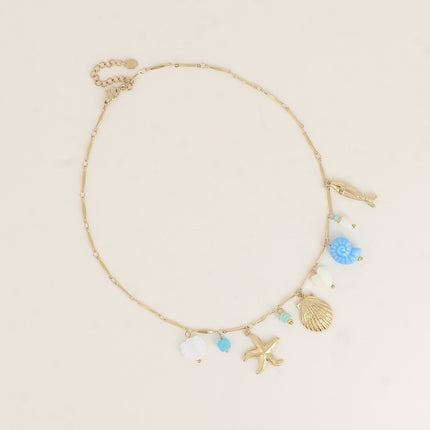 Collier - breloques (coquillages, coeur nacré, céramique émaillée, pierres naturelles)