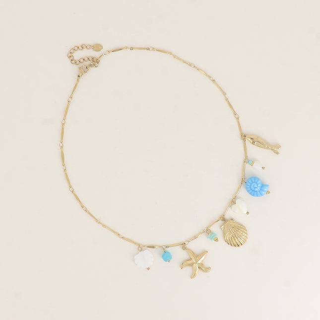 Collier - breloques (coquillages, coeur nacré, céramique émaillée, pierres naturelles)