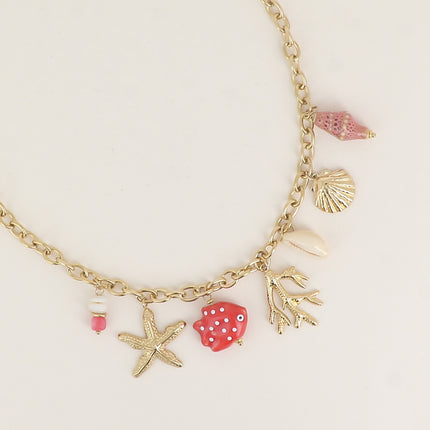 Necklace - shells, coral, natural cowrie, enamelled ceramic starfish and fish, starfish
