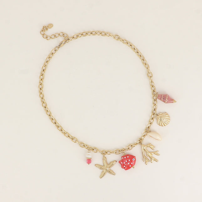 Collier - coquillages, corail, cauri naturel, étoile de mer et poisson en céramique émaillé, étoile de mer