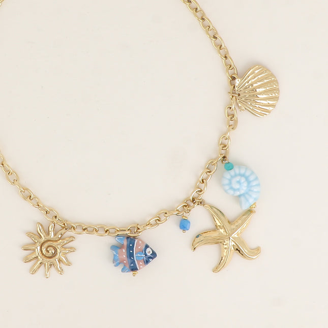 Collier - coquillages, étoile de mer, soleil, poisson, céramique et émail