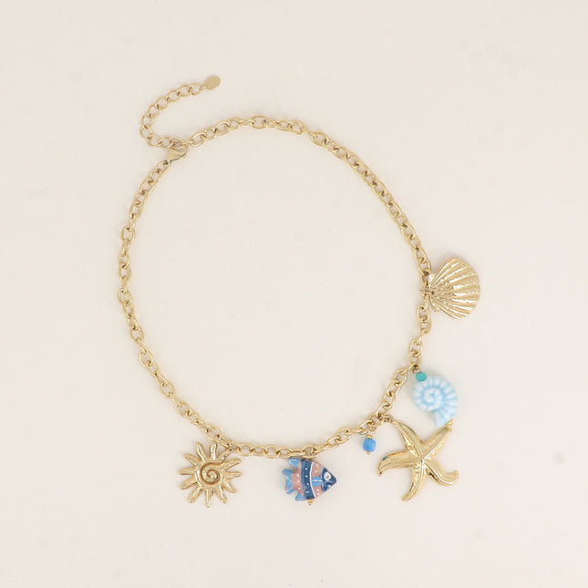Collier - coquillages, étoile de mer, soleil, poisson, céramique et émail