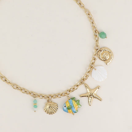 Necklace - mother-of-pearl shell, starfish, shells, ceramic and enamel fish