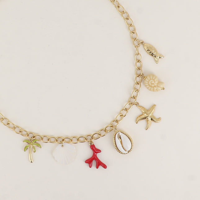 Collier - coquillage nacré, corail en émail, cauri naturel, étoile de mer, céramique, palmier, poisson