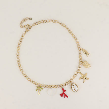 Necklace - mother-of-pearl shell, enamel coral, natural cowrie, starfish, ceramic, palm tree, fish