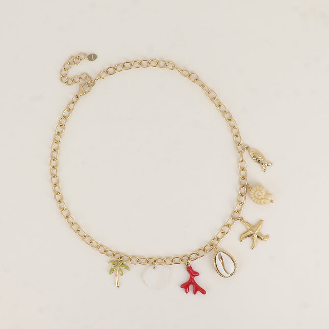 Collier - coquillage nacré, corail en émail, cauri naturel, étoile de mer, céramique, palmier, poisson