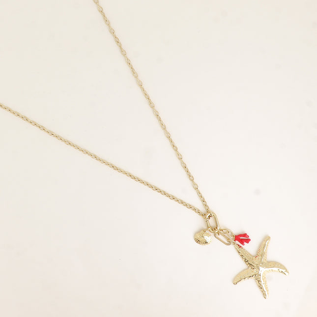 Sautoir - corail en émail, coquillage, étoile de mer