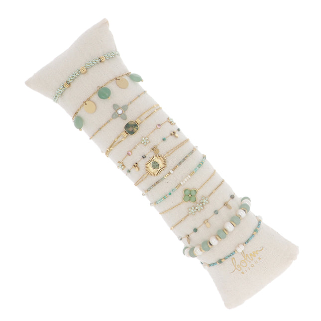 Kit de 14 bracelets - doré vert - prix moyen de 5,2€/pc - présentoir offert
