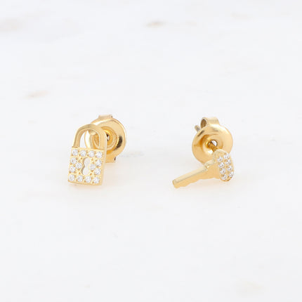 Boucles puces Stella - Cadenas et clef en zirconium